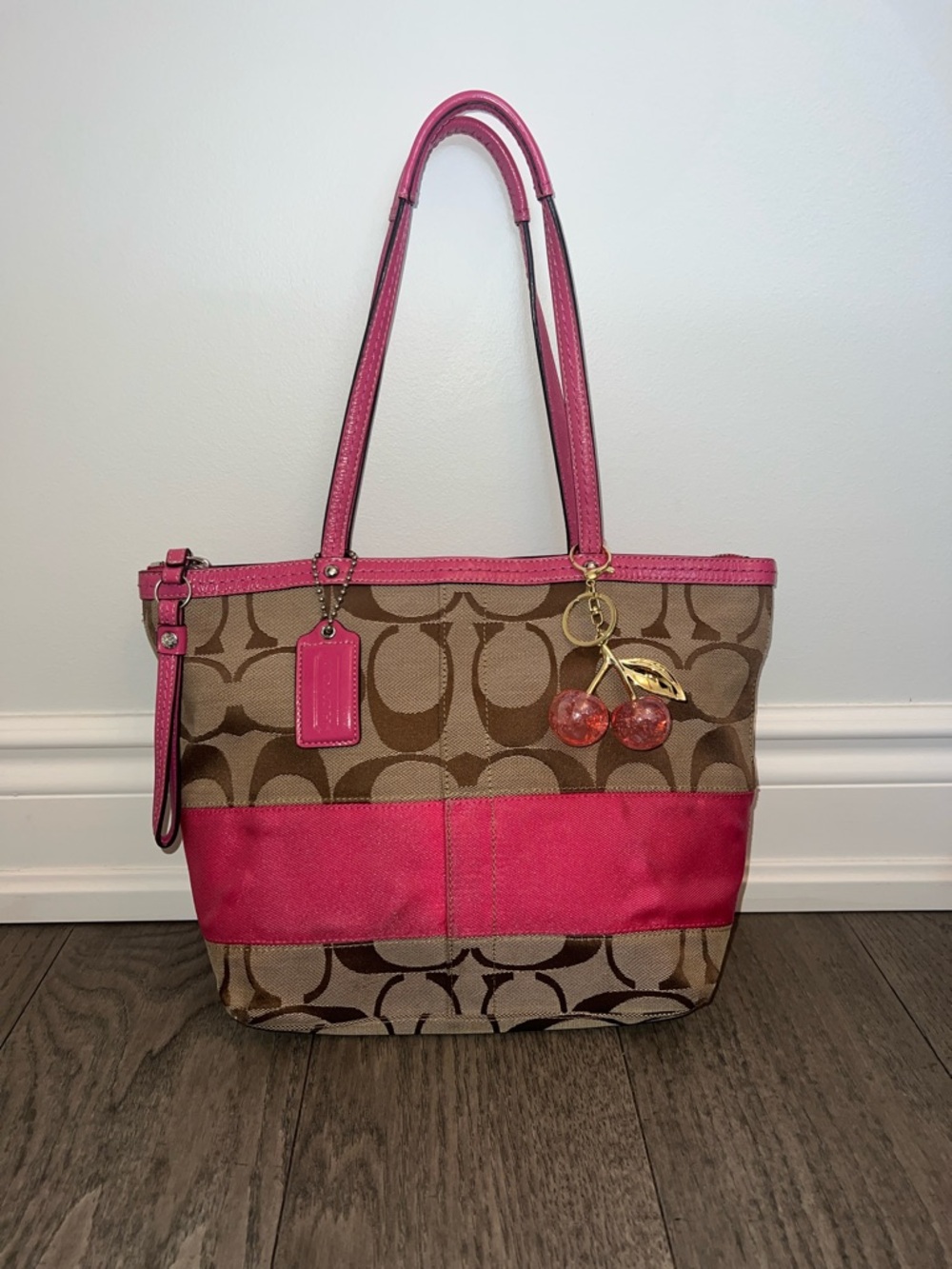 Coach Brown Logo Tote with Pink Trim and Cherry Charm